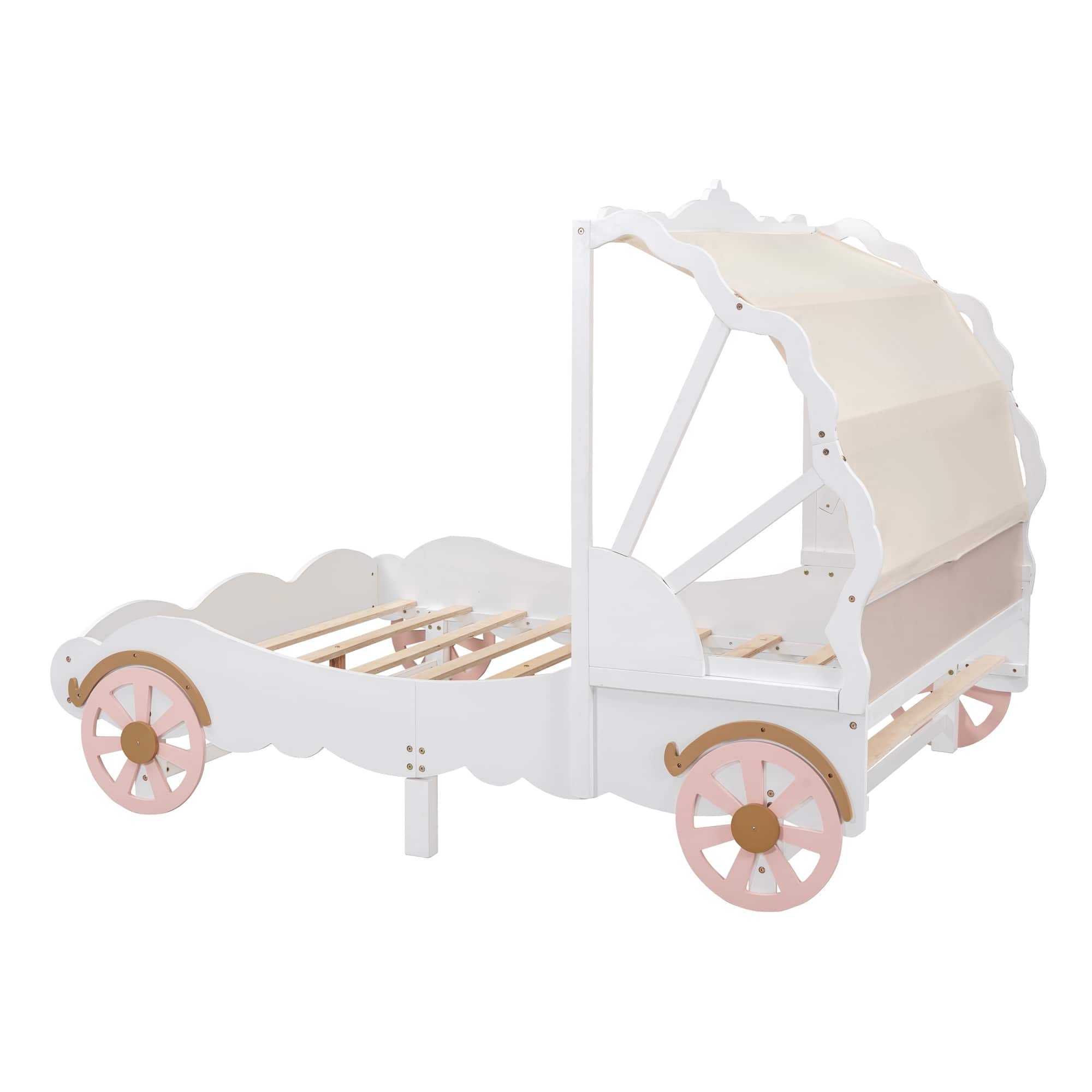 Full Size Princess Carriage Bed with Canopy, Wood Platform Car Bed with