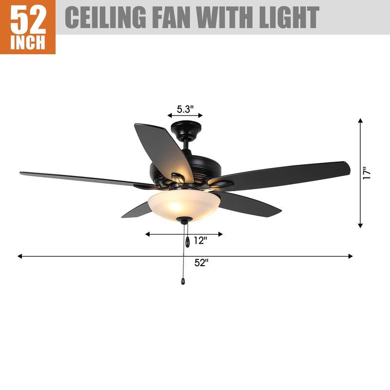 52" Black Dual Mounting Ceiling Fan with LED Light and Pull Chain