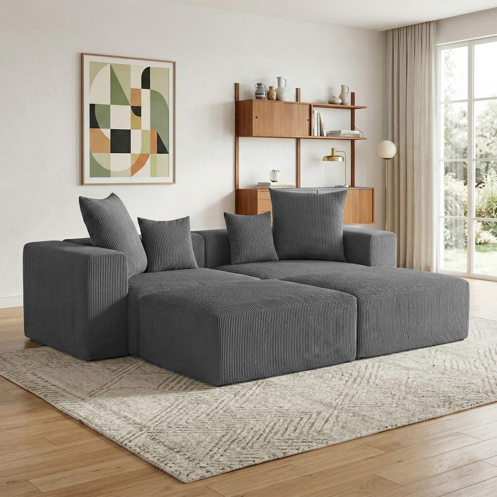 4-Piece Modern Corduroy Modular Sectional Sofa Set with 4 Throw Pillows