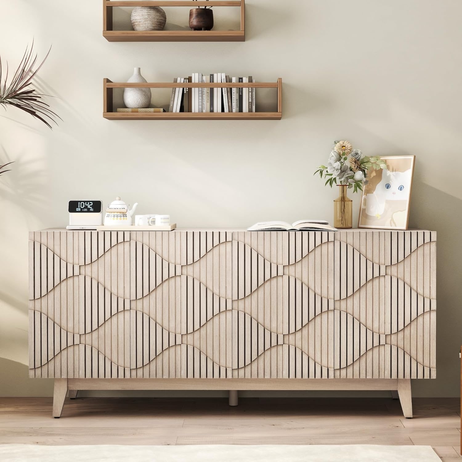 Distressed Wooden Buffet Cabinet with Carved Doors & Adjustable Shelf, Accent Sideboard