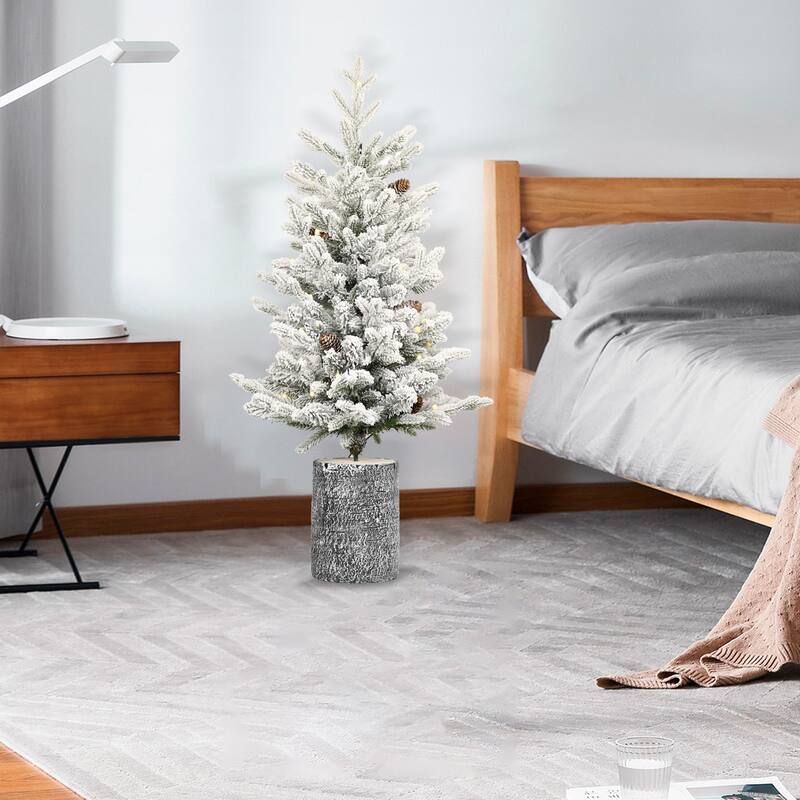3FT Flocked Christmas Tree with Pot Base,70 Warm White LED Lights,365 Tips,7 Pine Cones-Small Prelit Holiday Tree - 3 Foot
