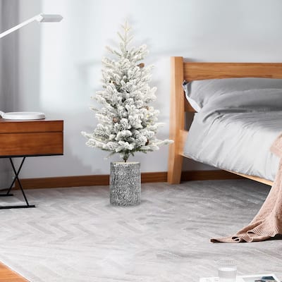 3FT Flocked Christmas Tree with Pot Base,70 Warm White LED Lights,365 Tips,7 Pine Cones-Small Prelit Holiday Tree