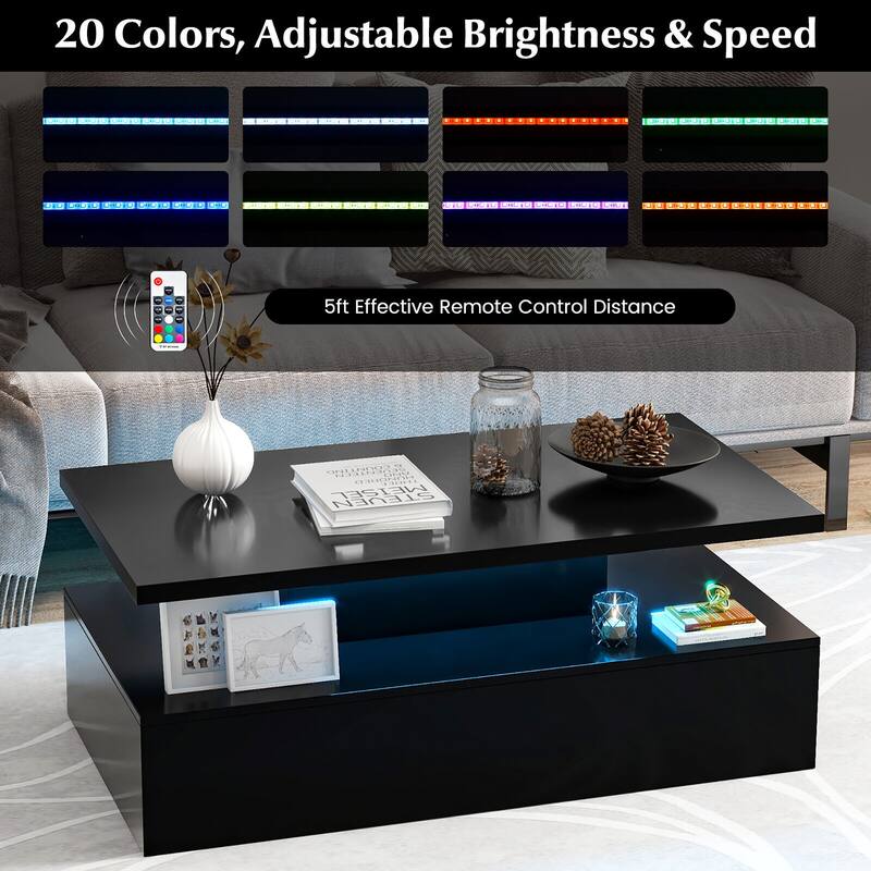 Gymax LED Coffee Table 2-Tier High Glossy with Adjustable Light &