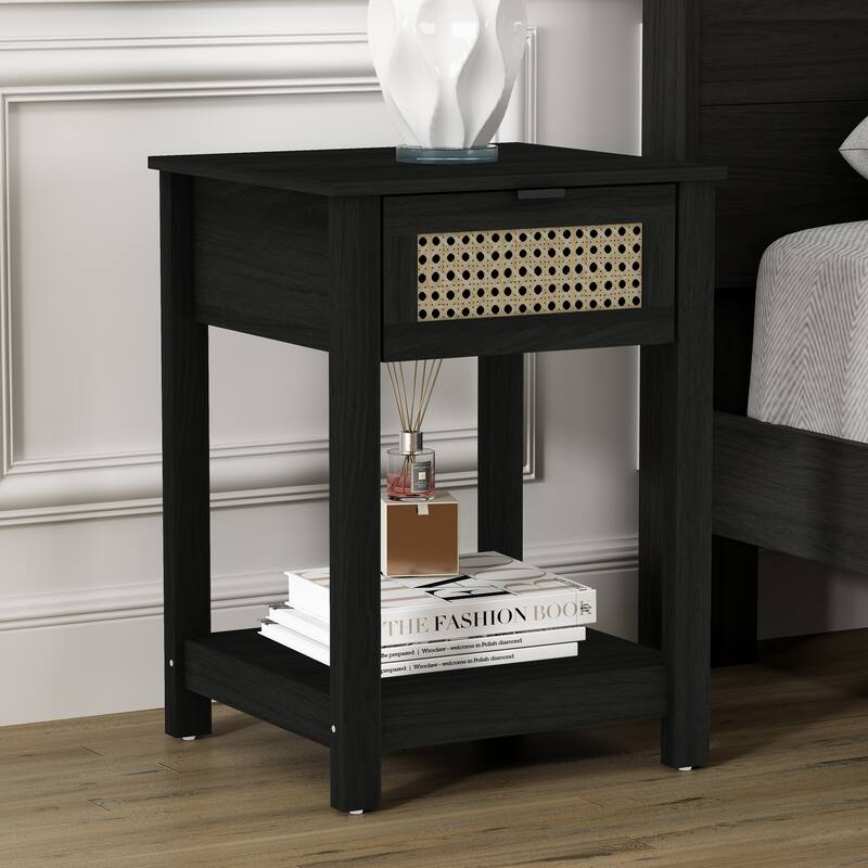Idiana 1-Drawer Oak Nightstand Sidetable with Laminated Rattan (23.2 in. H x 16.5 in. W x 15.4 in. D)