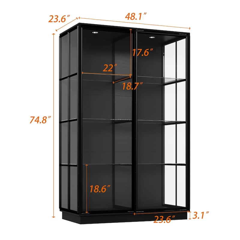 Modern Glass Curio Display Cabinet 4 Tier Display Case With lights & Doors
