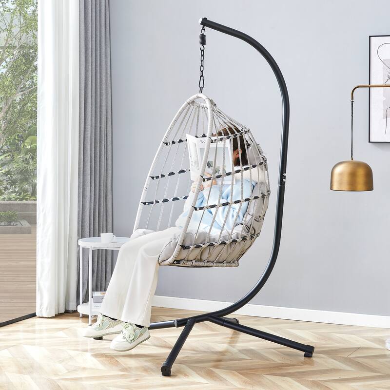 Rustproof Hanging Chair with Plush Cushion, Outdoor Egg-Shaped Swing Chair with a Non-slip Octopus Base