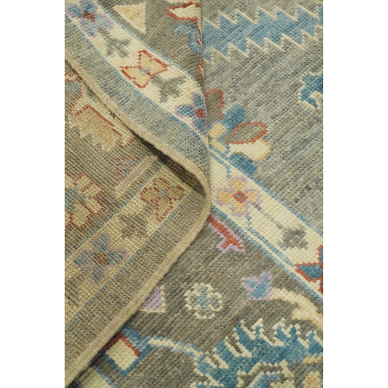 Handmade Gray Oushak Vegetable Dye Area Rug, Floral Geometric Carpet - 11' 10'' X 9' 2''