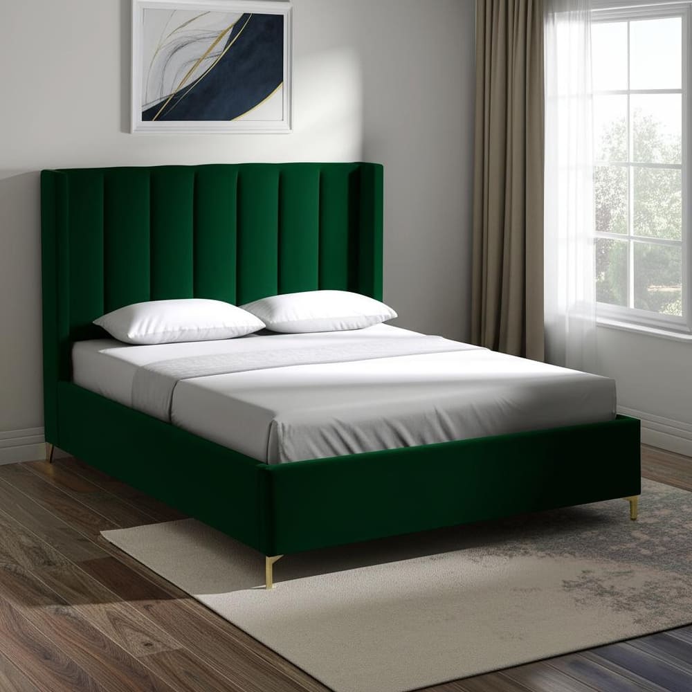 HomeRoots Green Velvet Upholstered Full Bed Frame