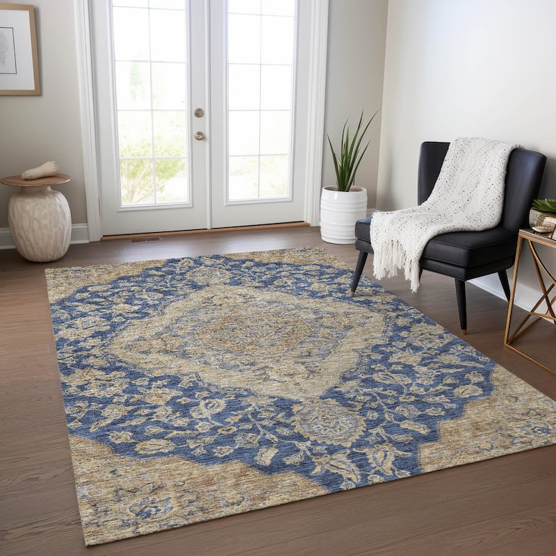 Machine Washable Indoor/ Outdoor Traditional Medallion Chantille Rug - Navy - 10' x 14'