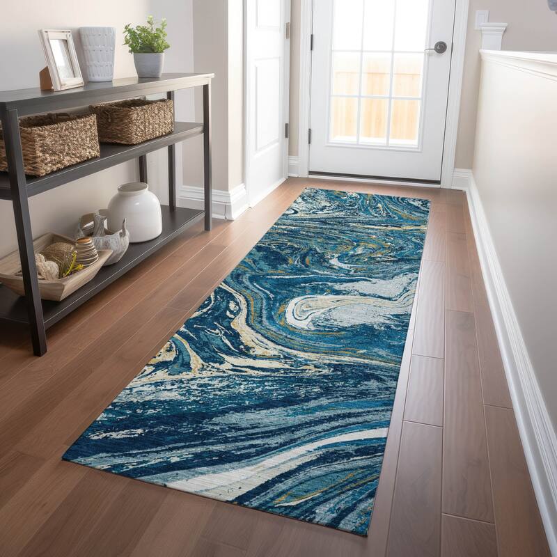 Machine Washable Indoor/ Outdoor Abstract Brushstroke Chantille Rug - Navy - 2'3" x 7'6"