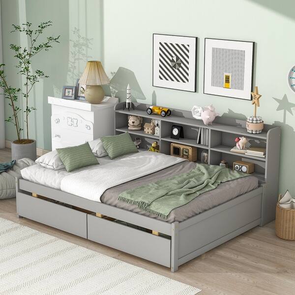 slide 2 of 18, Full Size Pine Wood Bed with Side Bookcase and Storage Drawers,Easy Assembly Grey