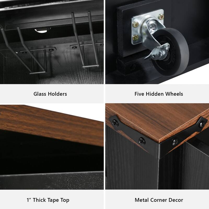 Rolling Kitchen Island Storage Table on 5 Wheels with Sliding Barn Door, Metal Grid Door, Spice Rack, Glass Holders, Drop Leaf