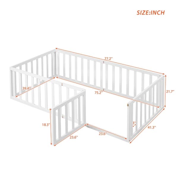 dimension image slide 1 of 4, Twin Floor Bed Frame, Fun Fence Design with Openable Door, No Slats