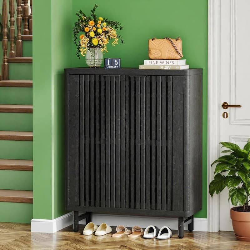 Versatile 6 Tier Shoe Cabinet with Adjustable Shelves Dual Louver Doors Wide Countertop - 33.46" x 13.78" x 43.31" - Black