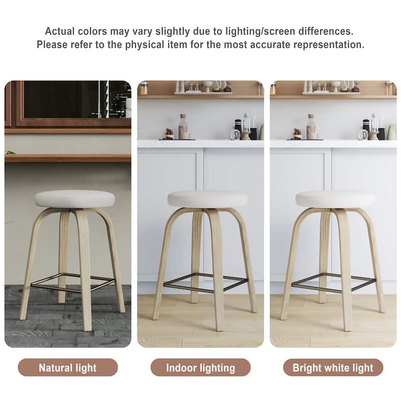 Swivel Bar Stools Set of 2, Counter Height Backless 26″Bar Stool, Fabric Upholstered Seat, Sturdy Wood Legs and Metal Footrest