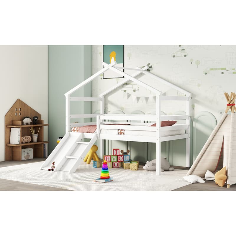 Roomfitters Twin Low Loft House Bed with Slide and Ladder, Safety Guardrails, House Roof Frame, No Box Spring Needed