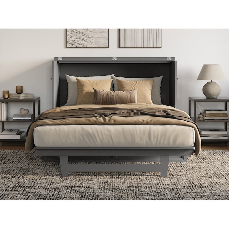 Full Murphy Bed Chest with Mattress & USB Charger - Space Saving Bed, Grey Finish - Renaissance Revival