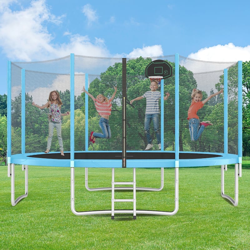 14FT Kids Trampoline with Safety Net Basketball Hoop Ladder Easy Assembly Round Outdoor