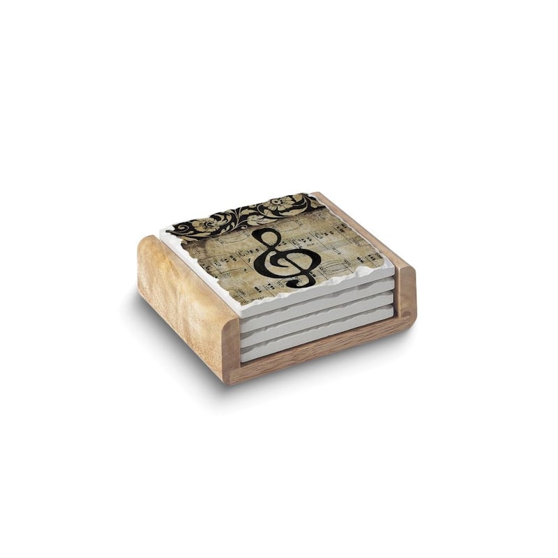 Curata Music Staff Set of Four Absorbent Stone Coasters with Wooden Holder