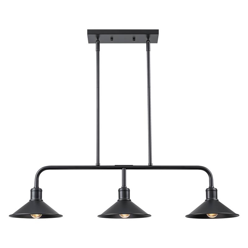 34" Modern Industrial Farmhouse Black Linear 3-Light Island Pendant Light with Cone Shades for Kitchen and Dining Room