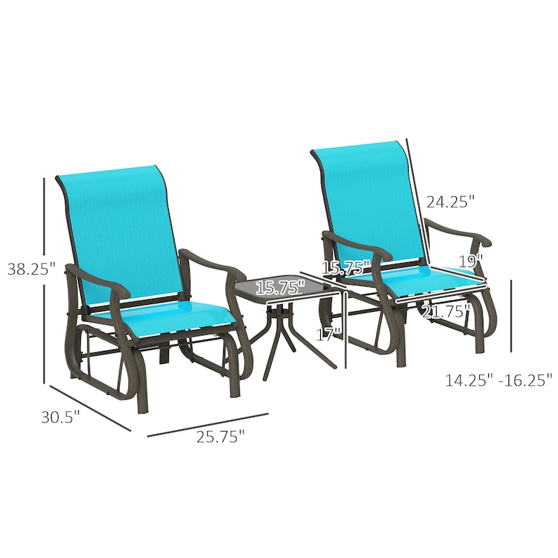 Outsunny 3-Piece Outdoor Gliders Set Bistro Set with Steel Frame, Tempered Glass Top Table