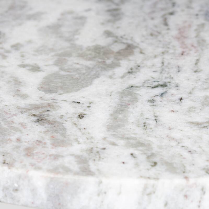 Fina Table, Round White Genuine Marble Top, Natural Brown Mango Wood 3 Leg Sled Base