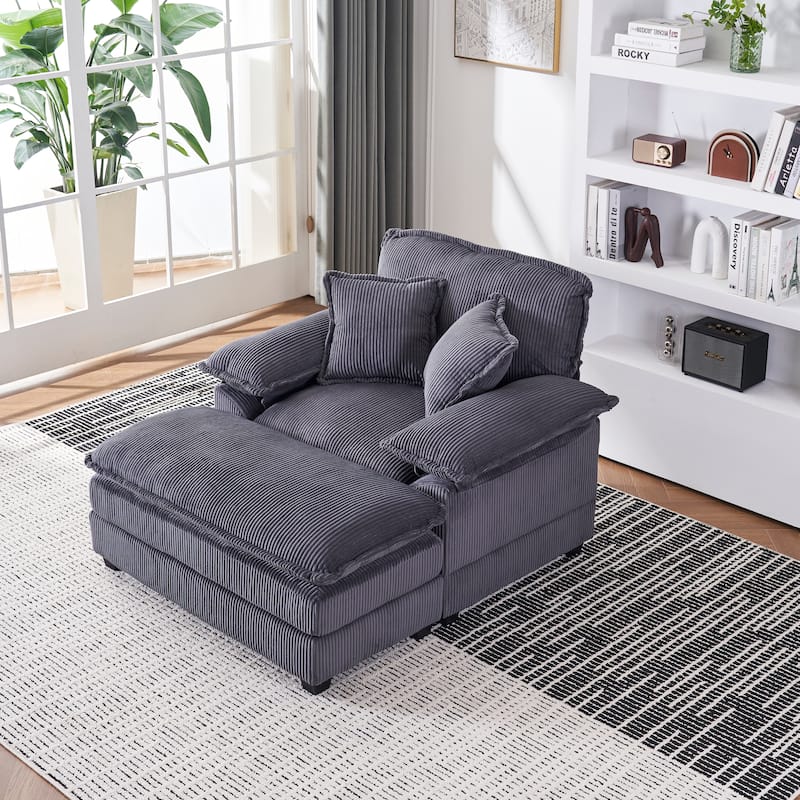 56.3" Corduroy Single Sofa Chair with 2 Toss Pillows & a Ottoman