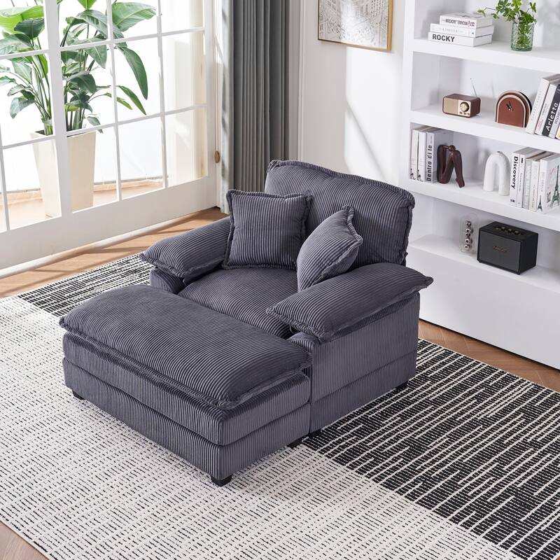 Deep Seat Accent Chair & Ottoman Set of 2, Reclining Sofa Chair, Corduroy Upholstered Chaise Lounge Couch with 2 Toss Pillows