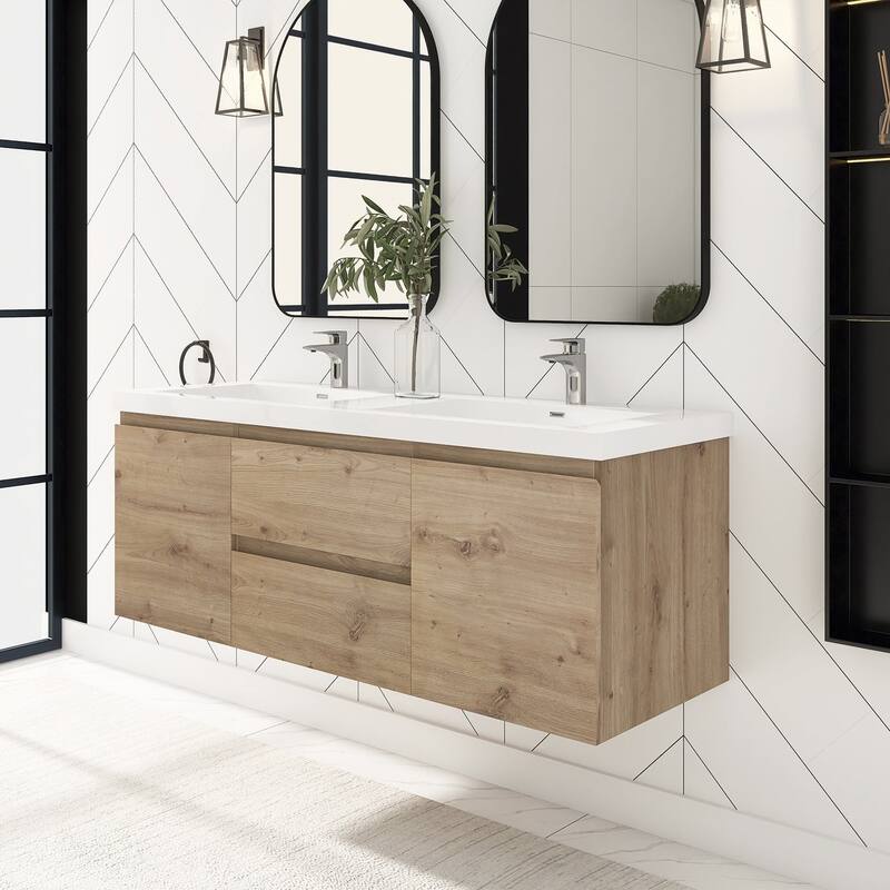 MDF Wall-Mounted Bathroom Vanity Set in Oak with Integrated Culture Marble Sink