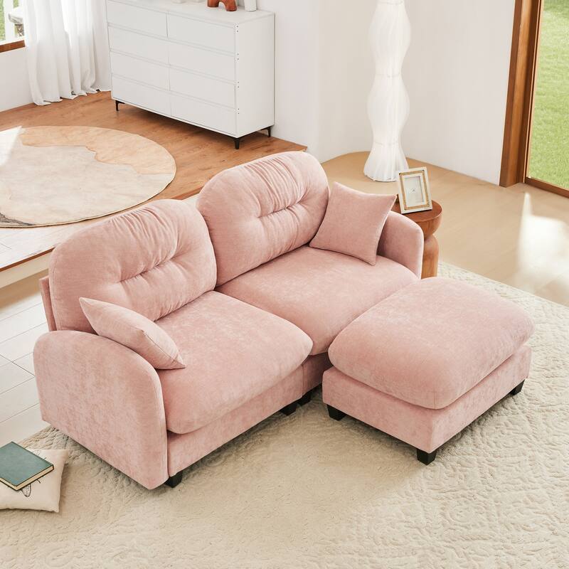 2 Seat Chenille Sofa Round Arms Sectional Sofa, Modern 74" Tufted Back Couch with Ottoman for Lving Room, Small Space - Pink-1 Ottoman