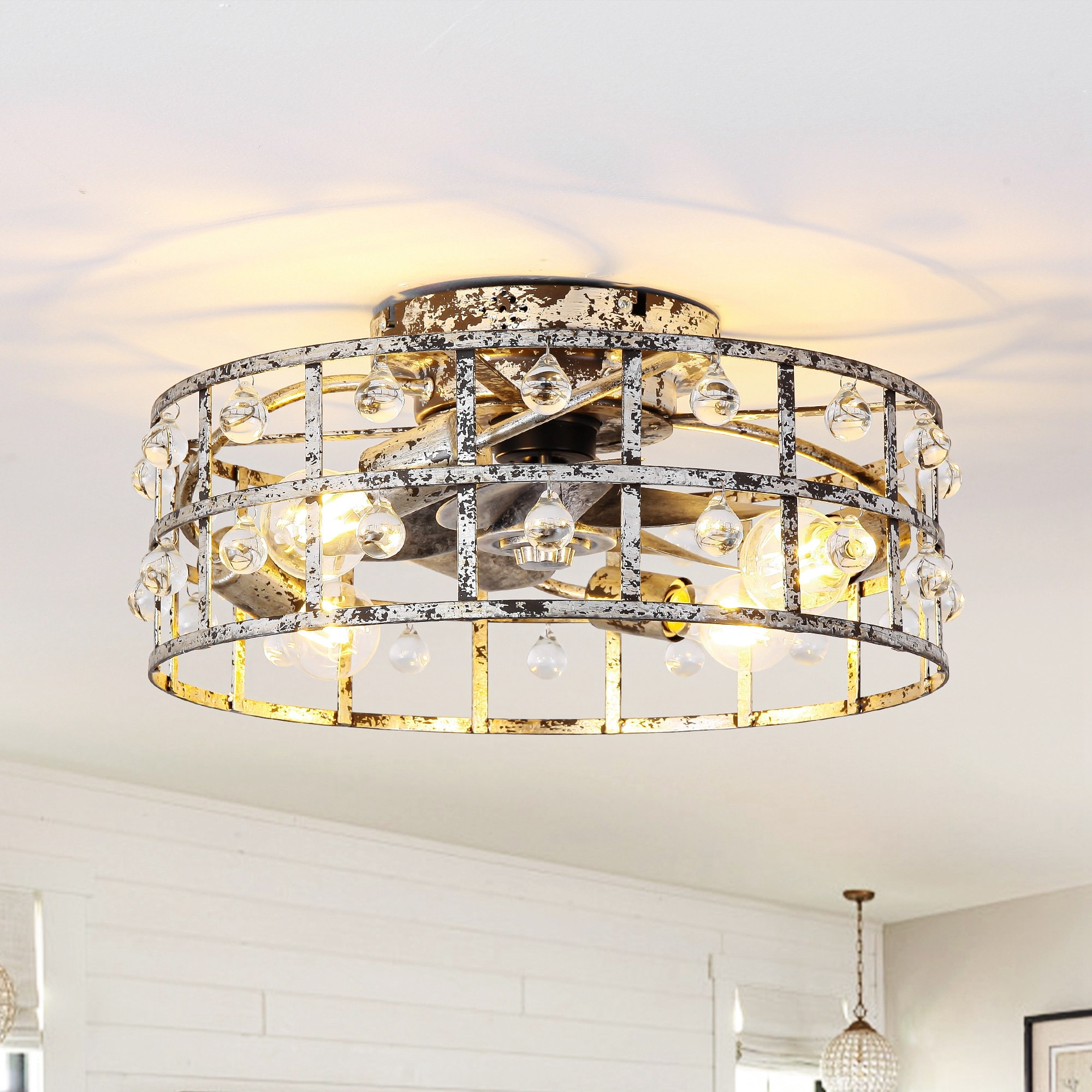 FANATIC♢CRISIS 18-inch Distressed Silver Crystal Caged Low Profile Celing Fan