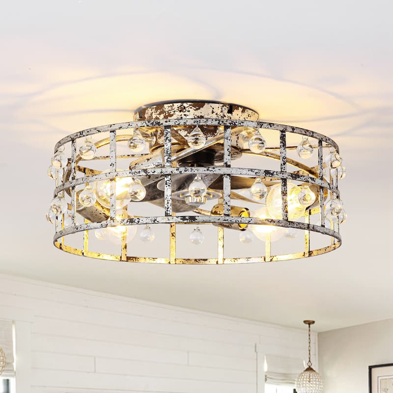 18-inch Distressed Silver Crystal Caged Low Profile Celing Fan Fandelier with Remote and APP Control