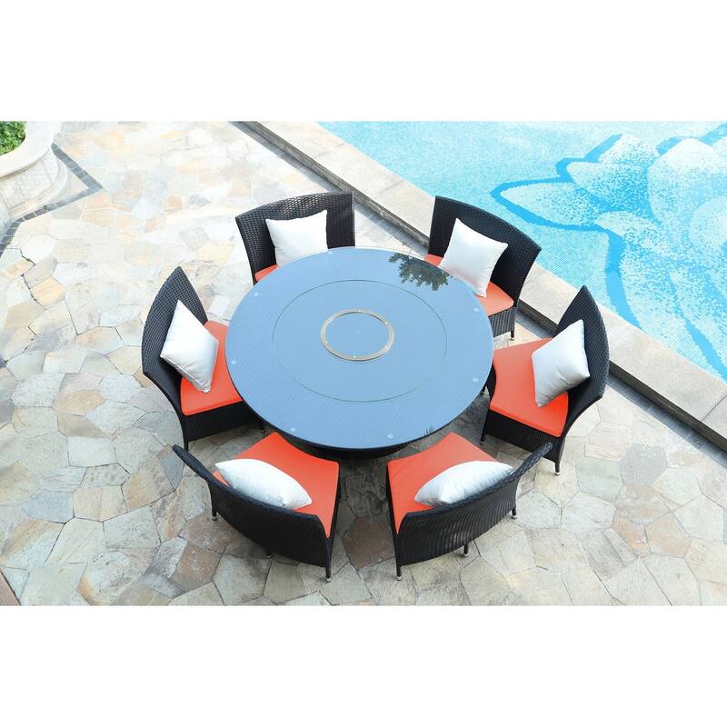 Manhattan Comfort Nightingdale Black 7-Piece Rattan Outdoor Dining Set with Green Cushions - Orange