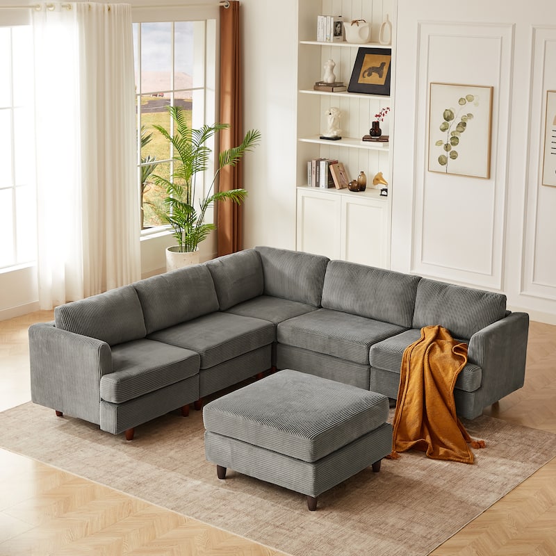 Roomfitters Modern Modular Sectional Sofa, 6-Seater Sleeper Couch with Upholstered Corduroy Design - Grey