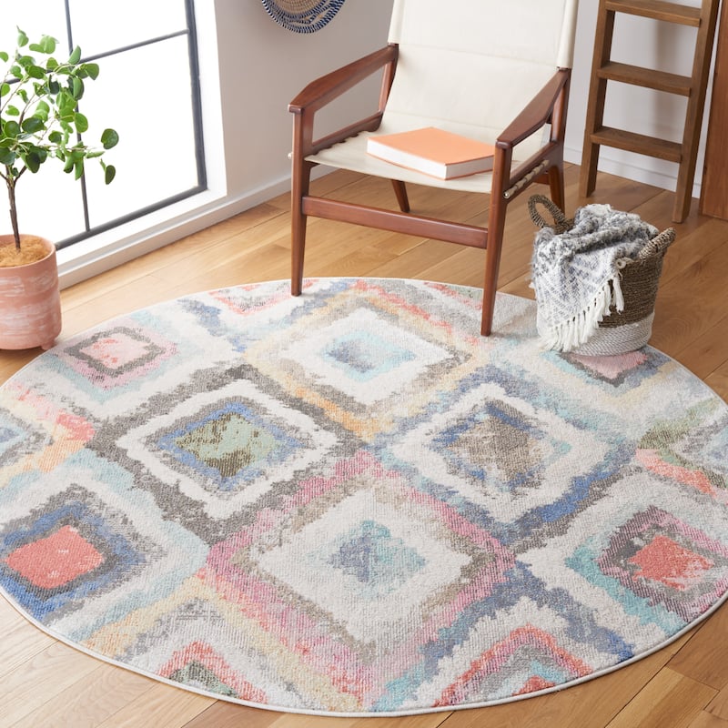 SAFAVIEH Phoenix Dema Boho Diamond Rug - 6'7" Round - Blue/Red