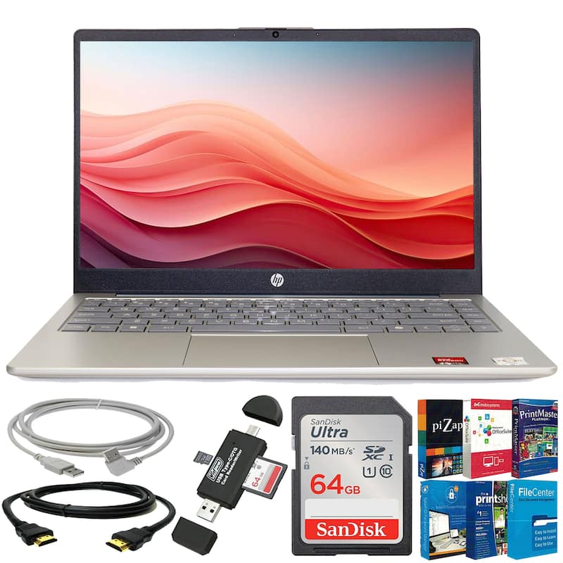 HP 14" HD Windows Laptop AMD Athlon 7120 - 4GB RAM, 128GB UFS (Moonlight Blue) + 64GB SDXC Card Bundle - Moonlight Blue