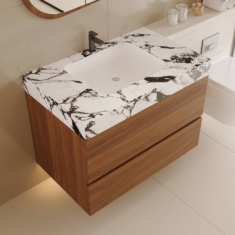 29.9" Modern Floating Bathroom Vanity with Faux Marble Top and Ceramic Undermount Sink, Wall-Mounted for Small Bathrooms - Walnut,White+Black