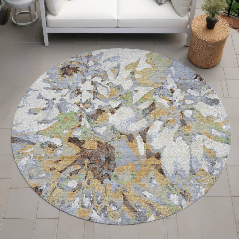 Machine Washable Indoor/ Outdoor Abstract Floral Chantille Rug - Wheat - 8' x 8'