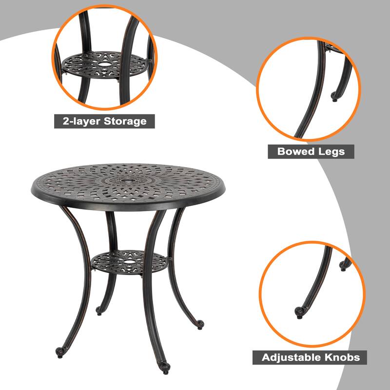 Nuu Garden Patio 3-Piece Cast Aluminum Bistro Set with Umbrella Hole and Cushions