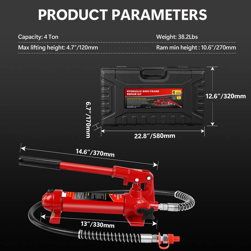 4 Ton Porta Power Kit, Portable Hydraulic Jack with 4.1 ft/1.25 m Oil Hose, 17 Pcs Hydraulic Ram, 8000 Lbs Capacity