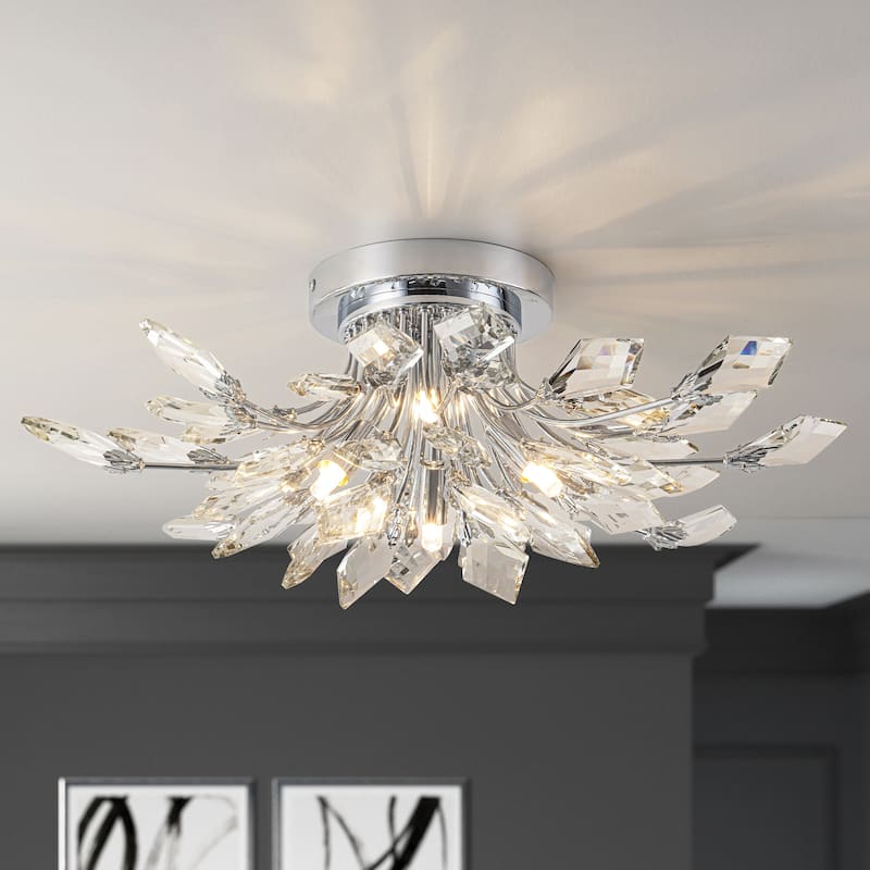 4-Light Modern Industrial Linear Cluster Crystal Flush Mount Light Sputnik Ceiling Light for Dining Room - Chrome/ Sliver