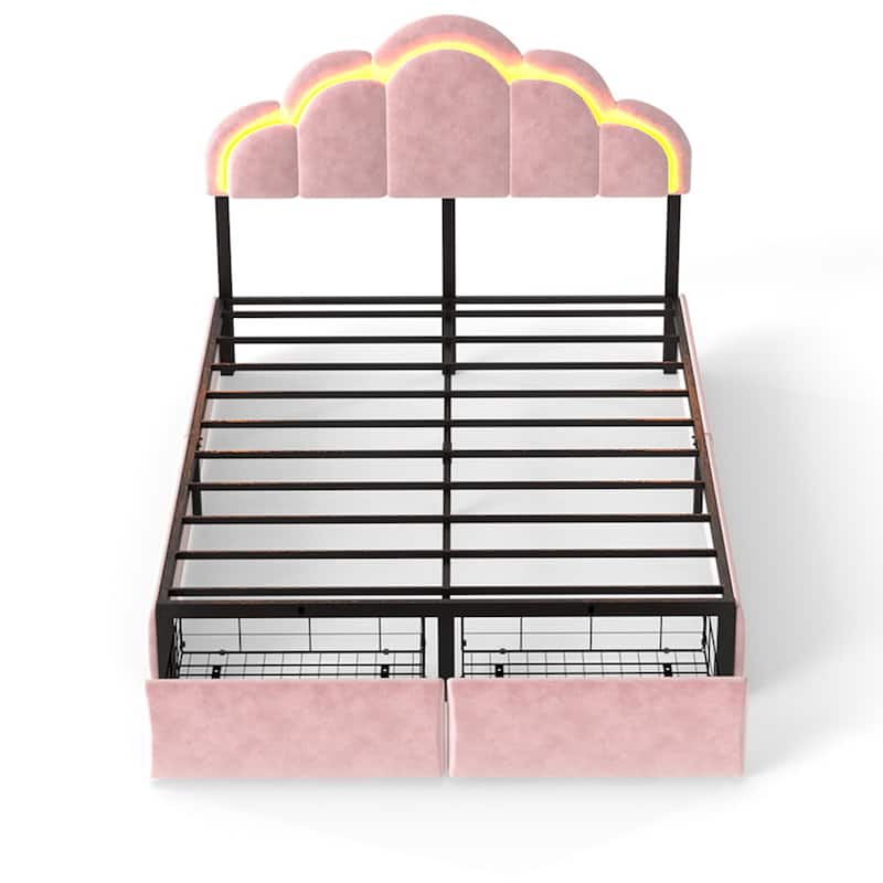 Velvet Upholstered Platform Bed with RGB LED Petal Headboard, Under Bed Storage Drawers Princess Bed Frame