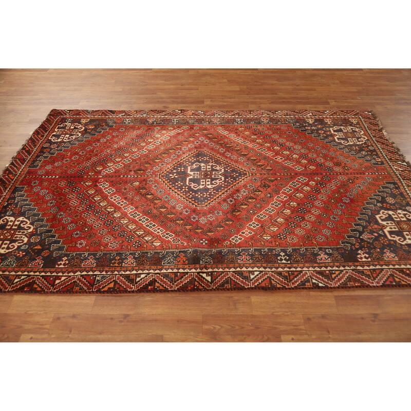 Hand Knotted Oriental 100% Wool Carpet Traditional Medallion Oranges & Rust Qashqai Area Rug - 8' 1'' X 5' 0''