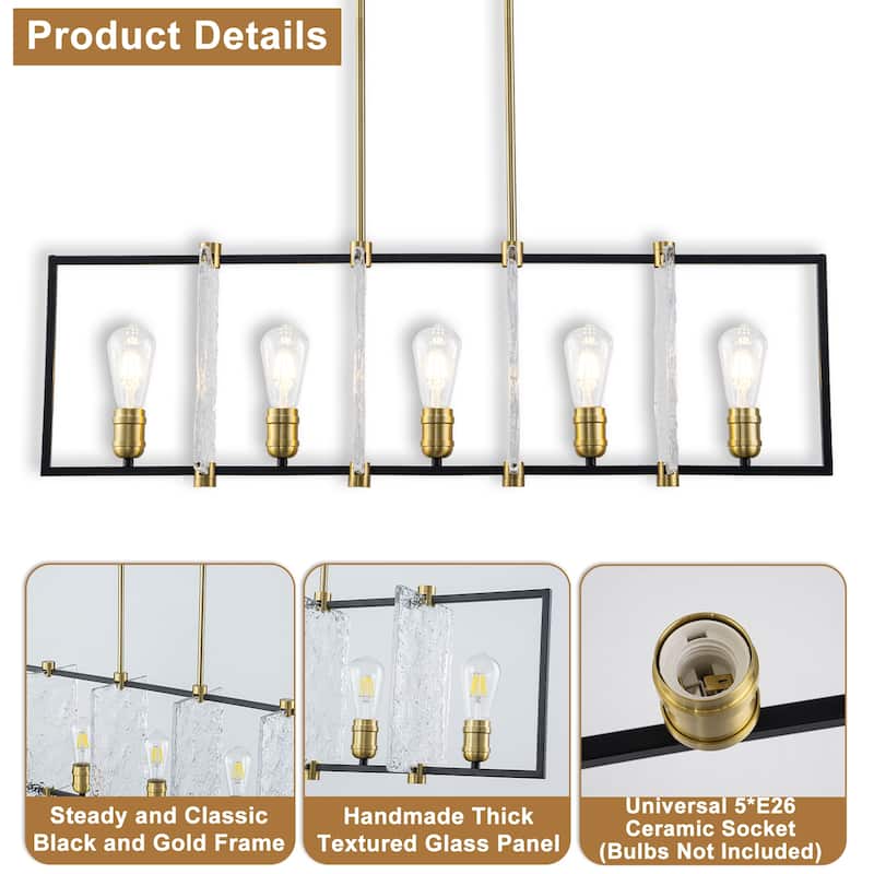 5-Light Linear Kitchen Island Pendant Light Textured Glass Panels - Dia.40.39-in