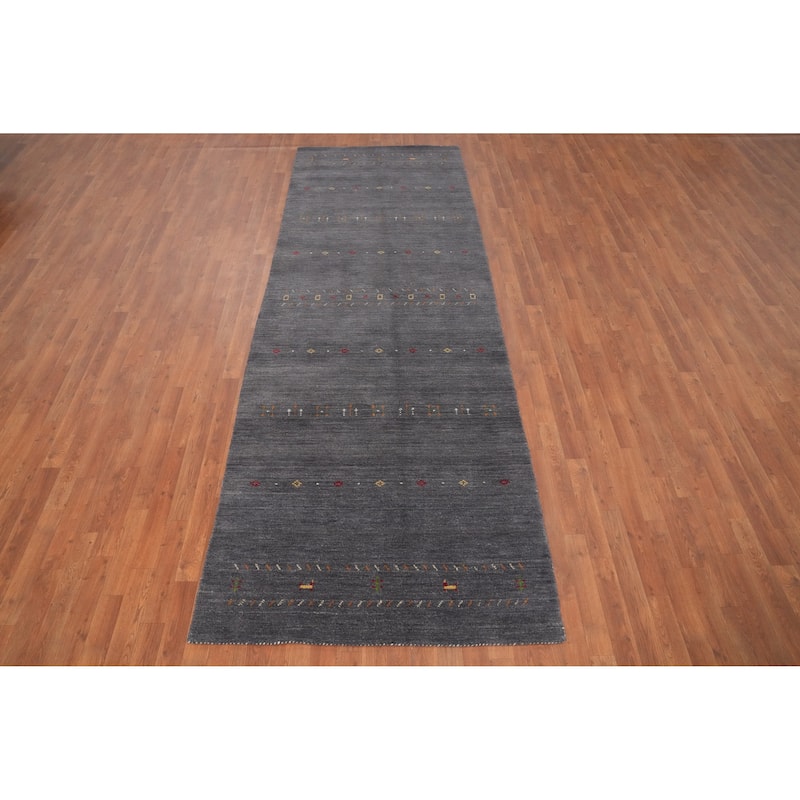 Hand Knotted Oriental 100% Wool Carpet Tribal Animal Pictorial Greys & Charcoal Gabbeh Runner Rug - 11' 10'' X 4' 1''