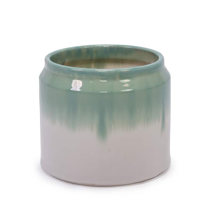 Handmade Ceramic Planter Set of 2, 8.5" & 6" Diameter, Green-White Ombre Glaze, for Aquatic Plants Indoor/Outdoor Shelf
