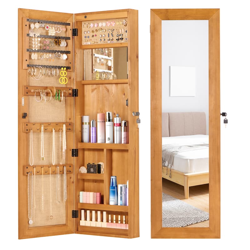 Wall-Mounted Solid Wood Jewelry Cabinet with Full-Length Mirror, 47.5x14.3 Inch, Lockable Organizer with LED Lighting‌.