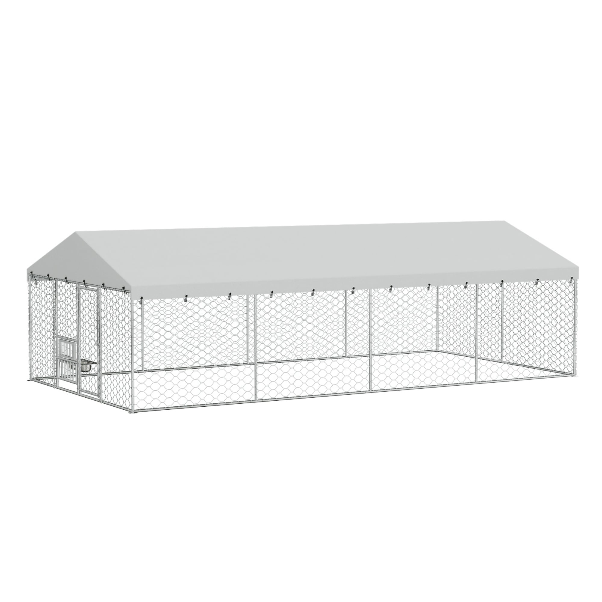 Galvanized Steel Outdoor Dog Kennel with Canopy Lockable Feeding Bowls