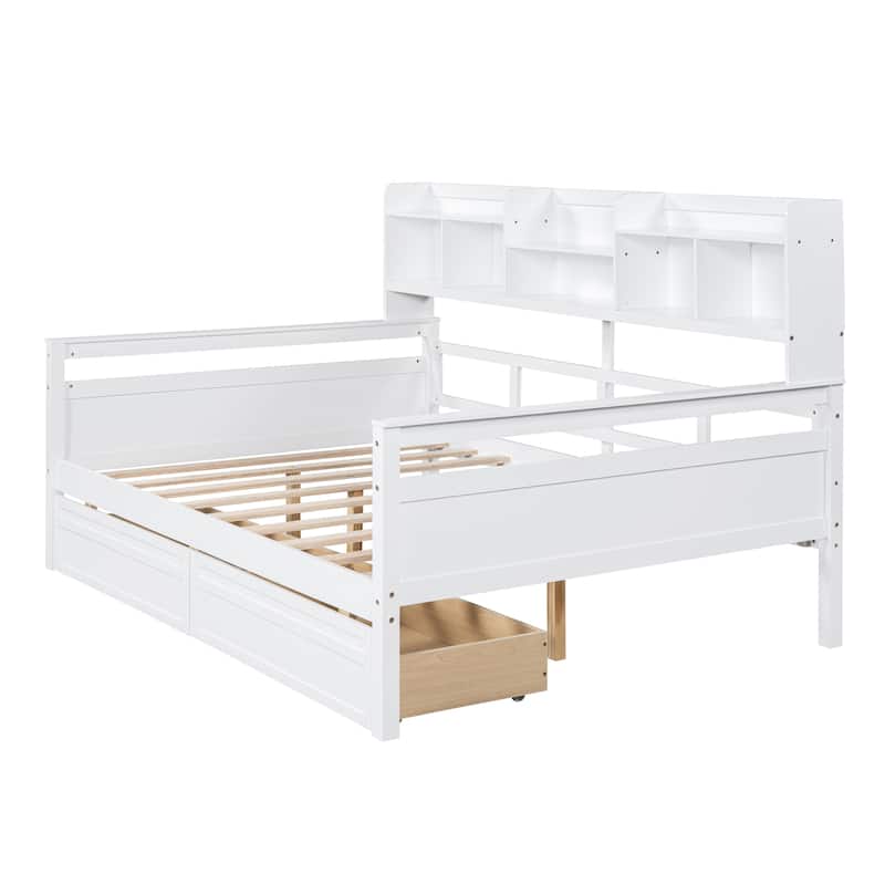 Full size Daybed Wood Slat Support with Bedside Shelf and Two Drawers