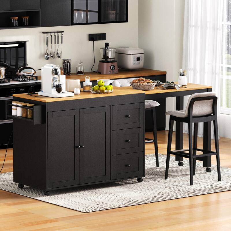 Roomfitters 74.8" Rolling Kitchen Island with Extendable Dining Table, Mobile Cart with Power Outlet, 3 Drawers & Racks - Black